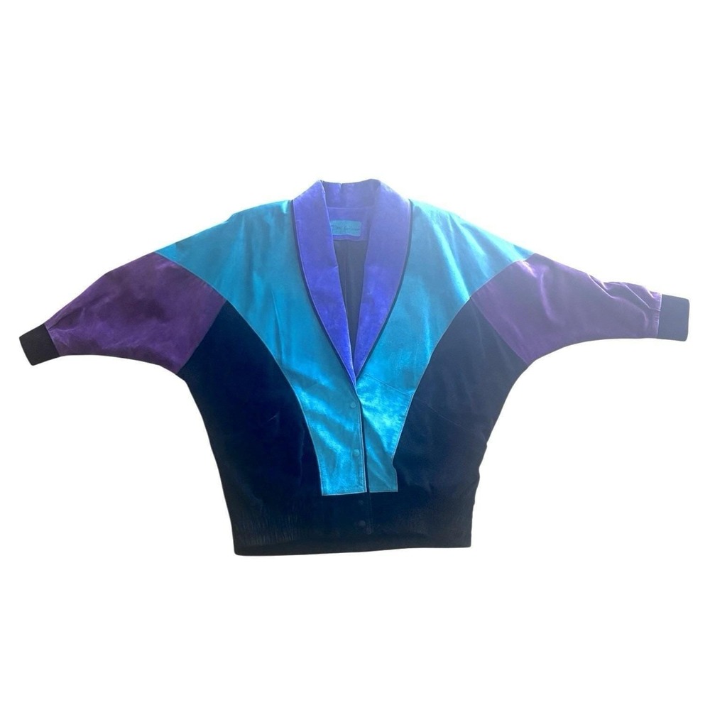 Rare Vintage Mary Hoffman Black, Teal, Purple Suede Color Block Suede Jacket M - Picture 9 of 11
